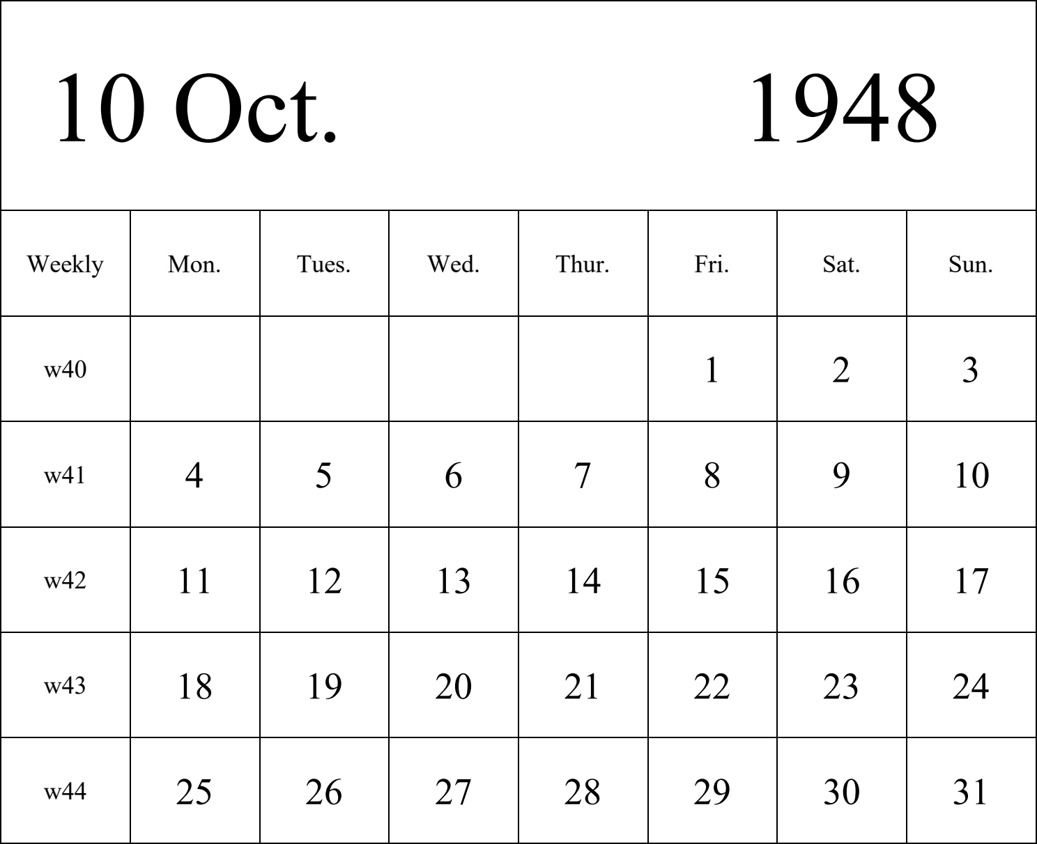 日历表1948年日历 英文版 纵向排版 周一开始 带周数